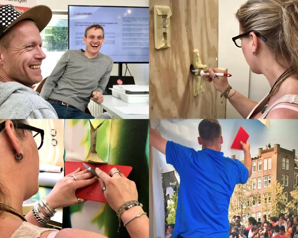 Cursisten oefenen verschillende montage handelingen voor naadloos fotobehang plakken tijdens Appcademy Naadloos fotobehang cursus