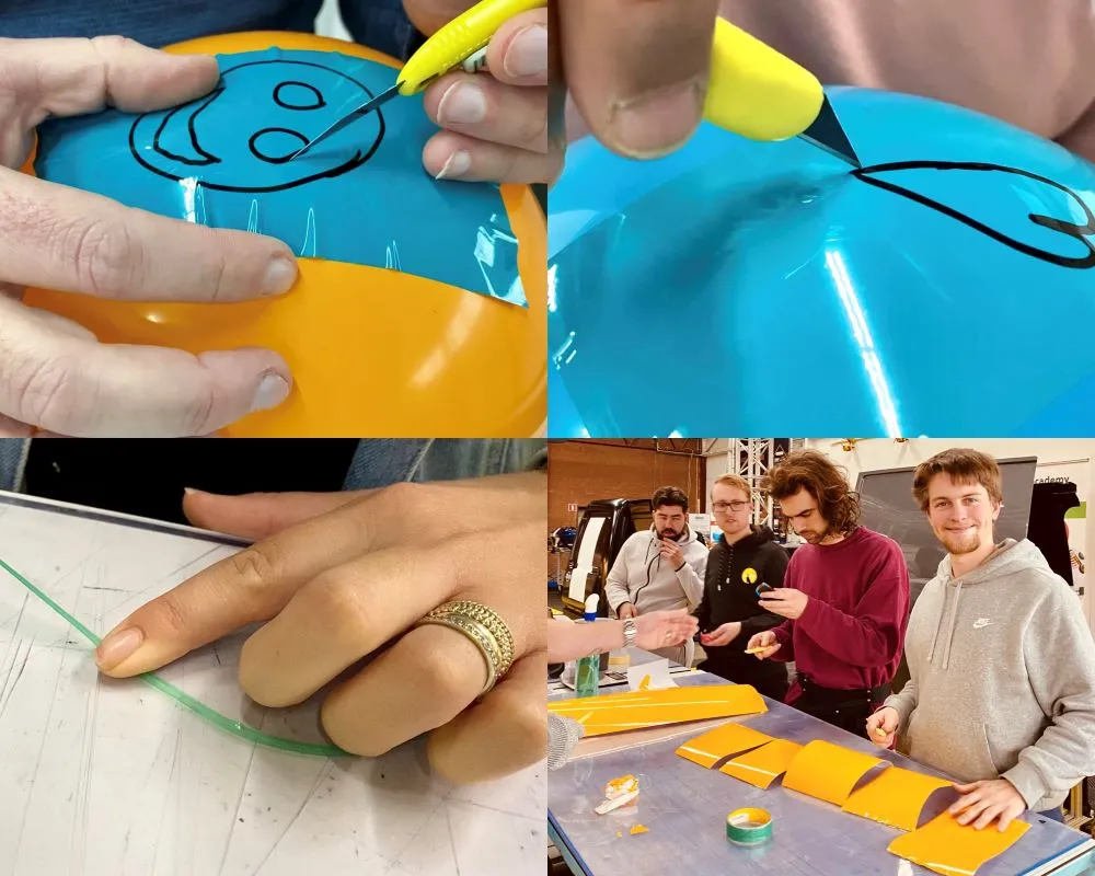 Cursisten leren meerdere snijtechnieken voor de afwerking van folies aan tijdens de Appcademy signmaker workshop