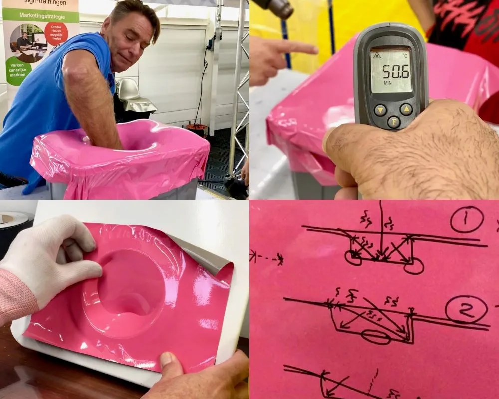 Cursist doet een oefening waarbij de grenzen van rekbaarheid en andere producteigenschappen van folie verkend worden tijdens Appcademy opleiding signmaker cursus