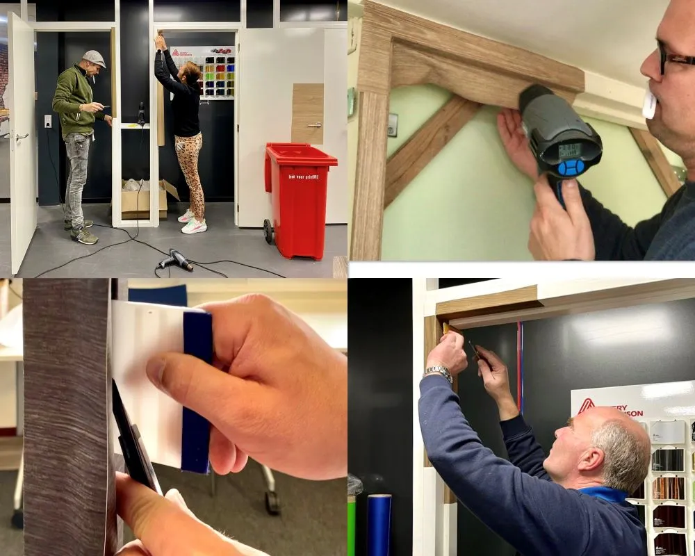 Cursisten beplakken kozijnen als praktijkoefening tijdens de Appcademy training interieurfolie en keukens wrappen