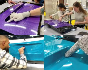 Overzichtsfoto met cursisten die de nummerplaat uitsparing wrappen tijdens Appcademy carwrap advanced training