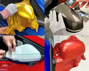 Overzichtsfoto van diverse gecarwrapte buitenspiegels tijdens Appcademy carwrap advanced training